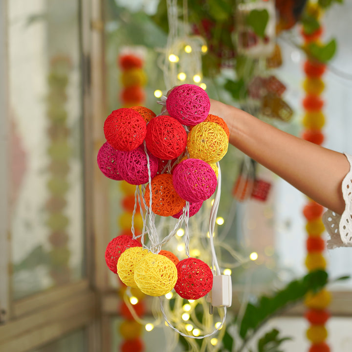 3m, 20 Bulbs | Handcrafted Yarn Spherical LED Fairy Lights - Pink, Red, Orange & Yellow