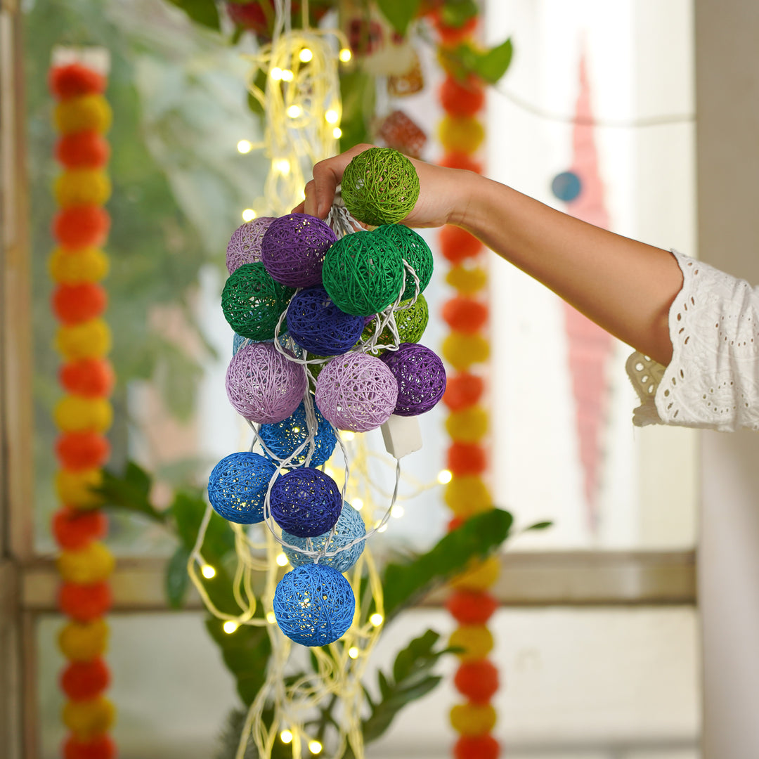 3m, 20 Bulbs | Handcrafted Yarn Spherical LED Fairy Lights - Blue, Green & Purple