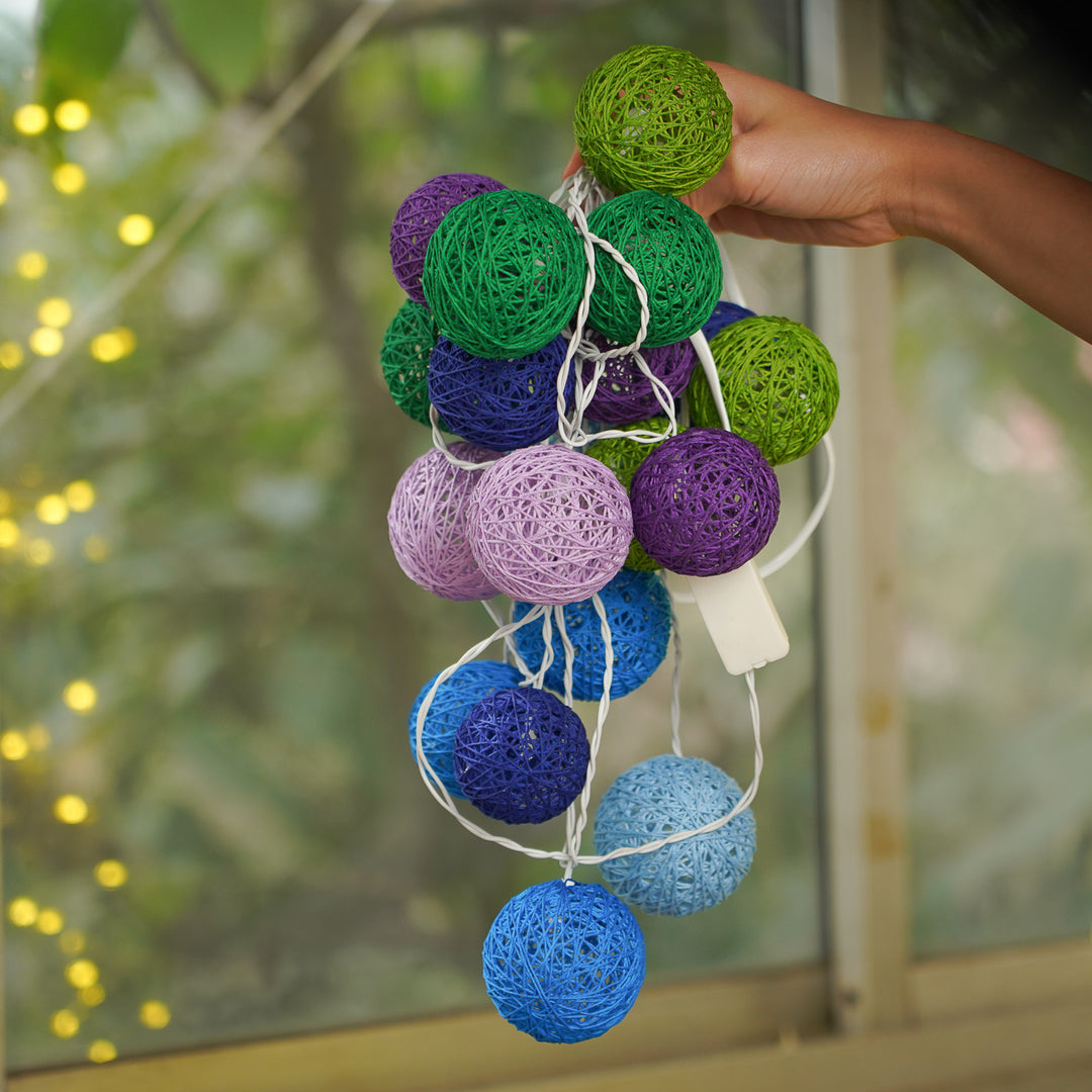 3m, 20 Bulbs | Handcrafted Yarn Spherical LED Fairy Lights - Blue, Green & Purple