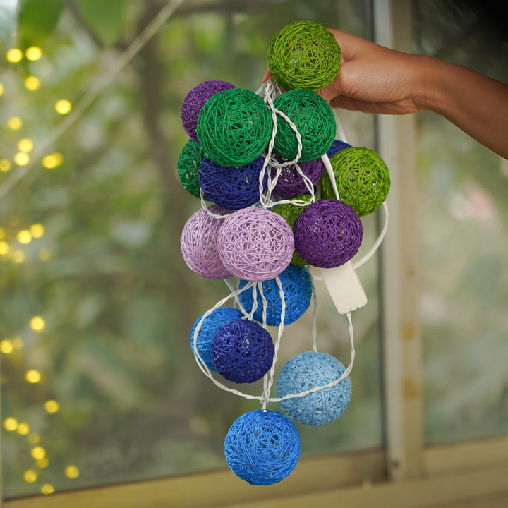 3m, 20 Bulbs | Handcrafted Yarn Spherical LED Fairy Lights - Blue, Green & Purple