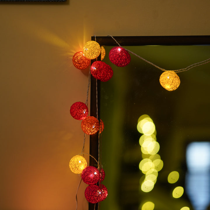 3m, 20 Bulbs | Handcrafted Yarn Spherical LED Fairy Lights - Pink, Red, Orange & Yellow