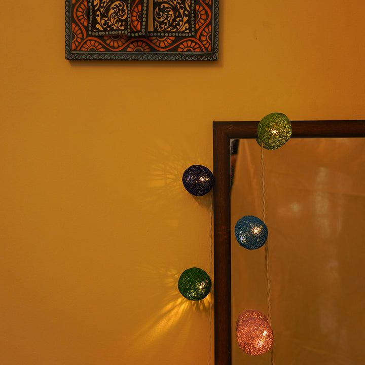 3m, 20 Bulbs | Handcrafted Yarn Spherical LED Fairy Lights - Blue, Green & Purple
