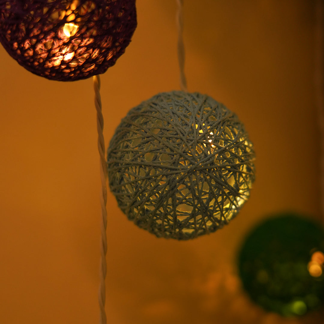 3m, 20 Bulbs | Handcrafted Yarn Spherical LED Fairy Lights - Blue, Green & Purple