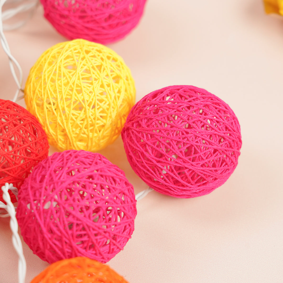 3m, 20 Bulbs | Handcrafted Yarn Spherical LED Fairy Lights - Pink, Red, Orange & Yellow