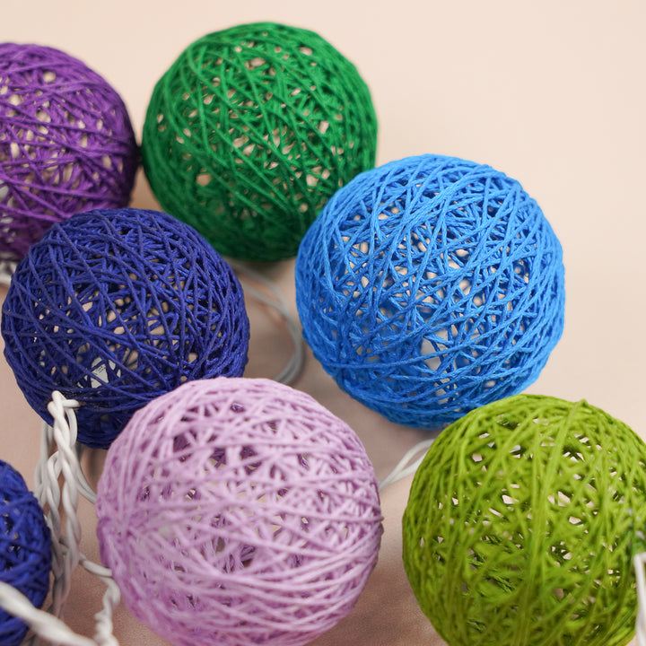 3m, 20 Bulbs | Handcrafted Yarn Spherical LED Fairy Lights - Blue, Green & Purple