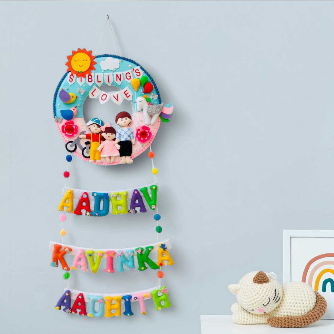 Personalized Handmade Round Felt Kids Name Plate For Siblings