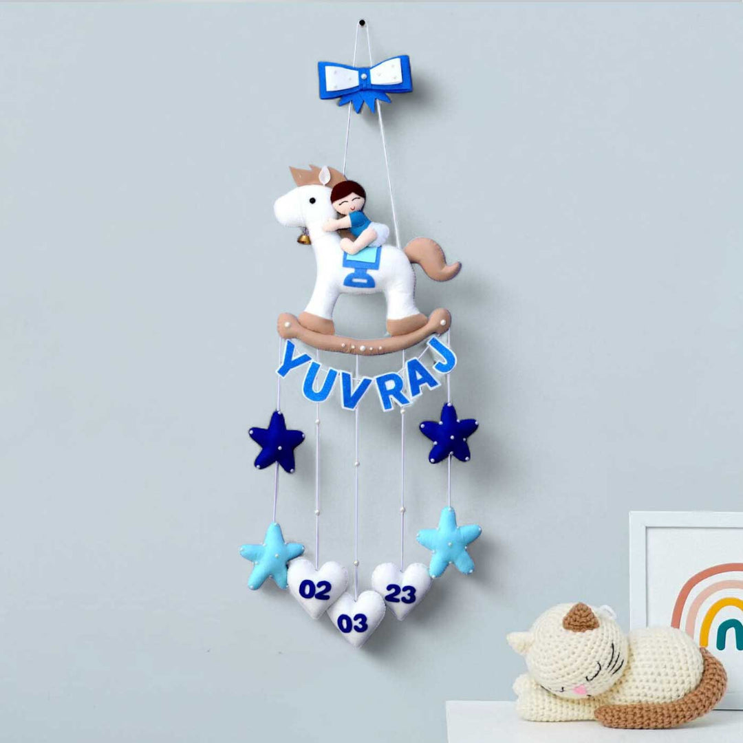 Personalized Handmade Baby Boy On Horse Theme Felt Kids Name Plate With Date of Birth