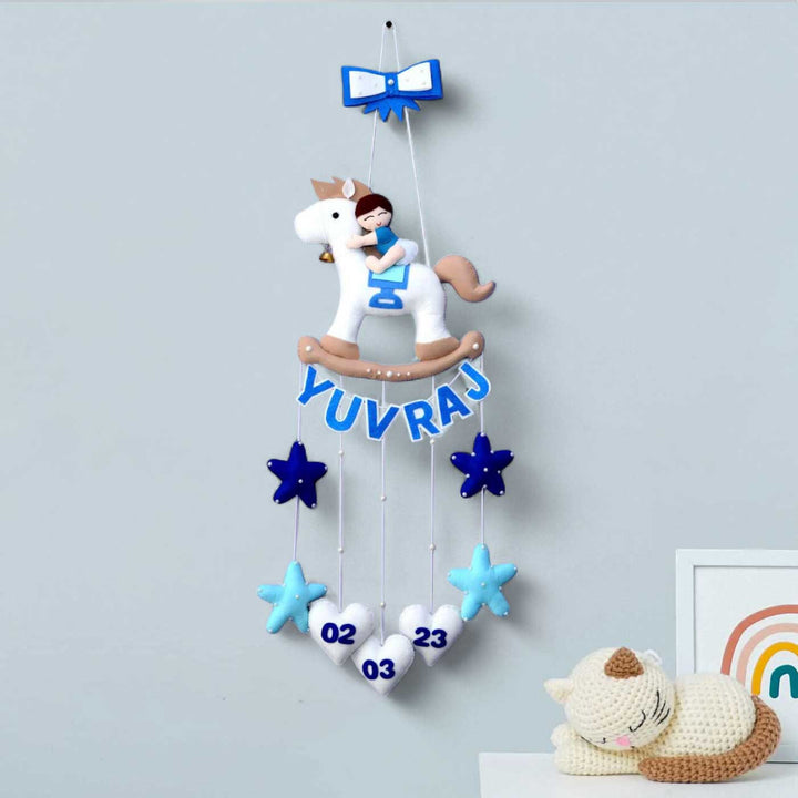 Personalized Handmade Baby Boy On Horse Theme Felt Kids Name Plate With Date of Birth