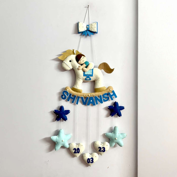 Personalized Handmade Baby Boy On Horse Theme Felt Kids Name Plate With Date of Birth