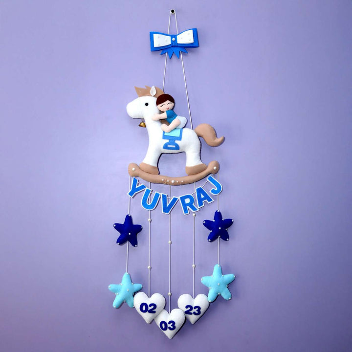 Personalized Handmade Baby Boy On Horse Theme Felt Kids Name Plate With Date of Birth