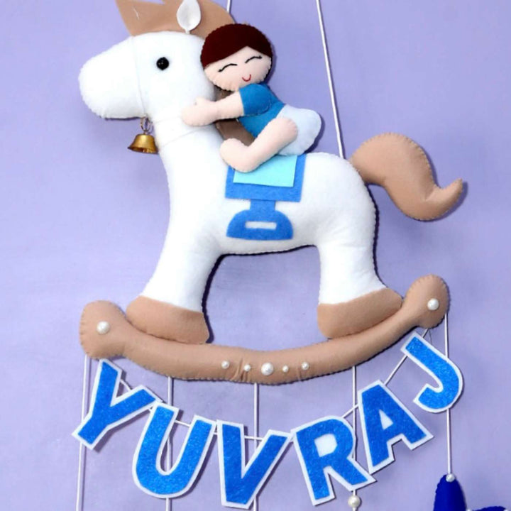 Personalized Handmade Baby Boy On Horse Theme Felt Kids Name Plate With Date of Birth