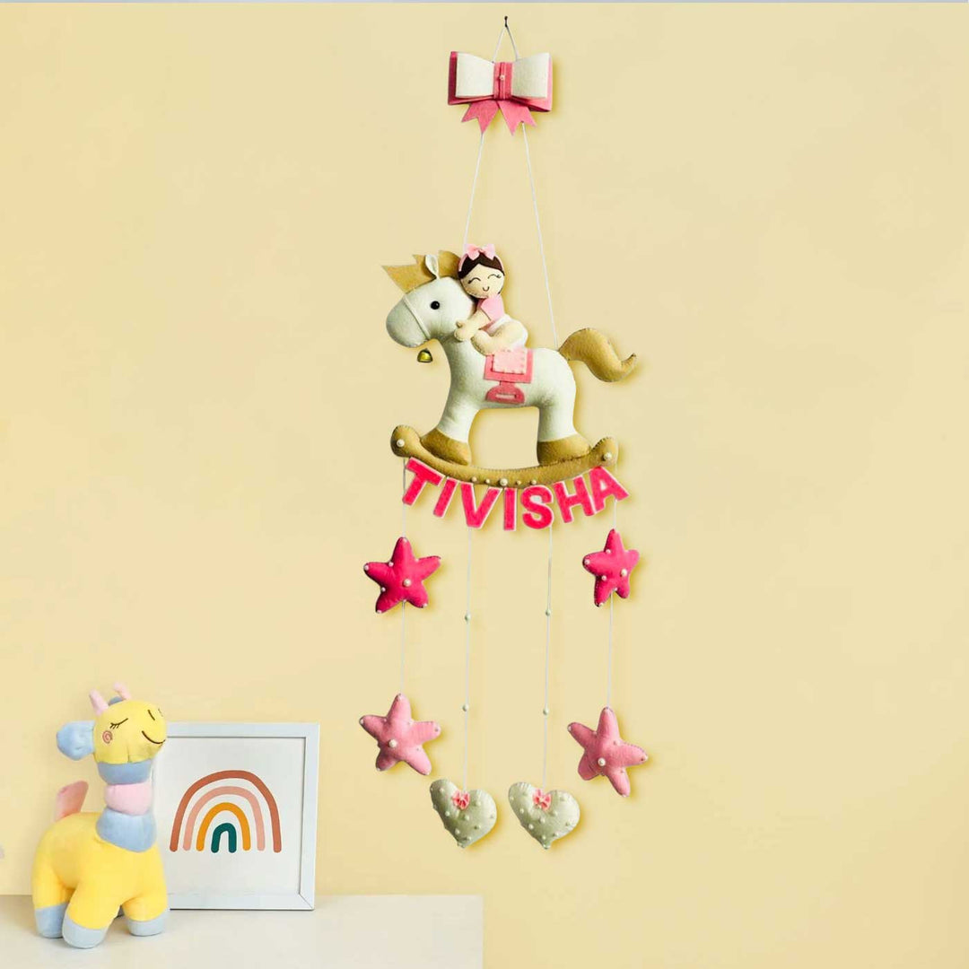 Personalized Handmade Baby Girl On Horse Theme Felt Kids Name Plate With Date of Birth