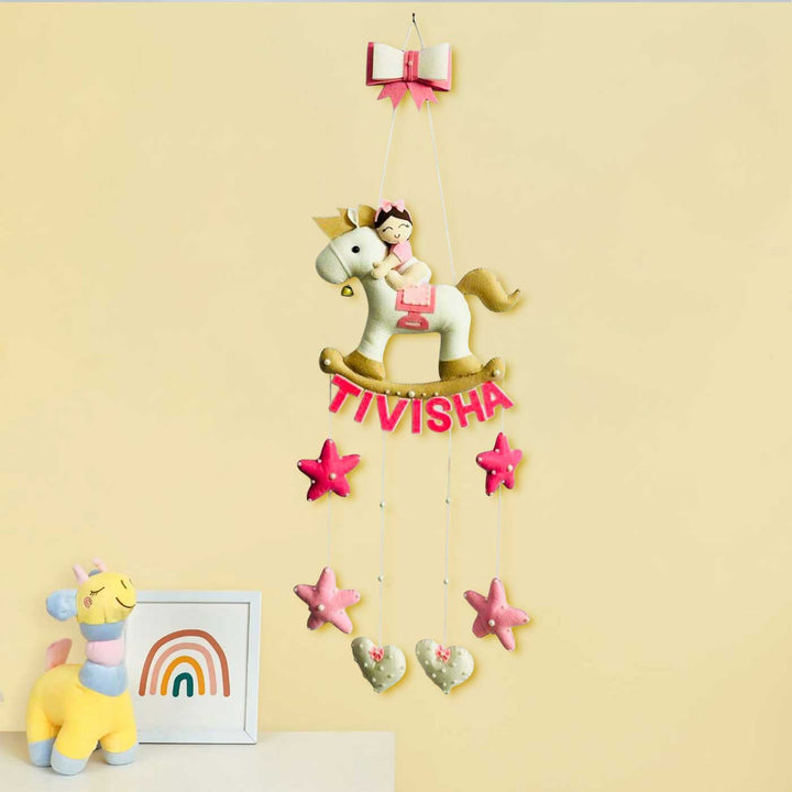 Personalized Handmade Baby Girl On Horse Theme Felt Kids Name Plate With Date of Birth