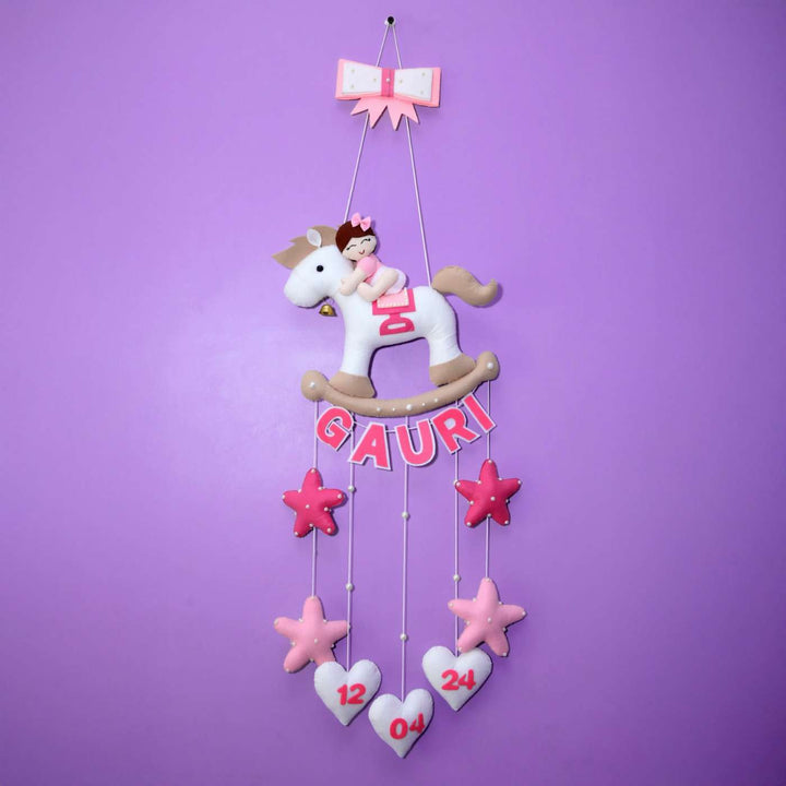 Personalized Handmade Baby Girl On Horse Theme Felt Kids Name Plate With Date of Birth