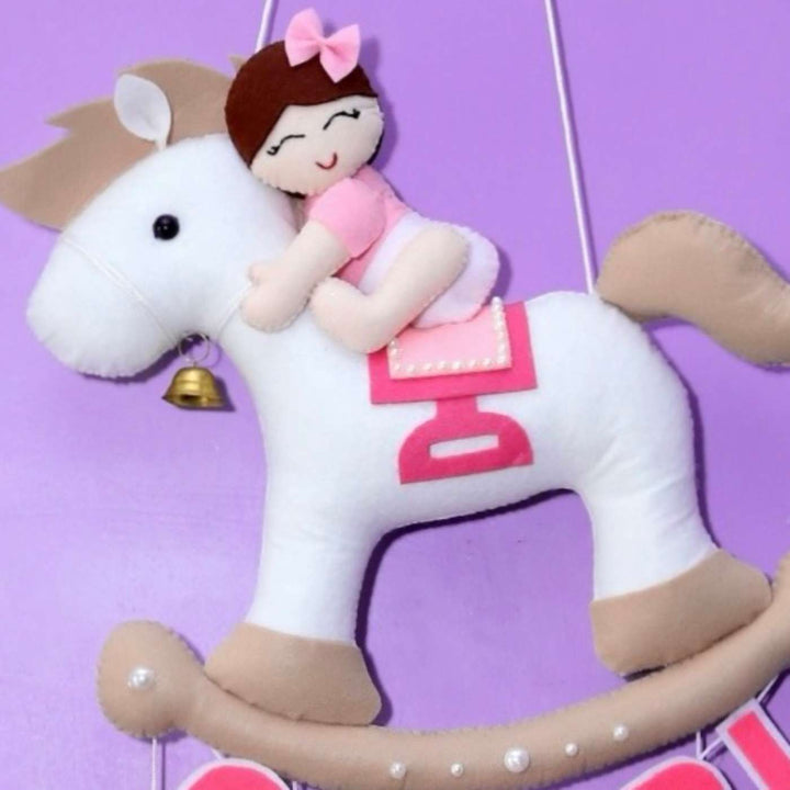 Personalized Handmade Baby Girl On Horse Theme Felt Kids Name Plate With Date of Birth