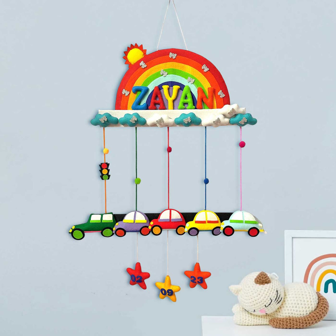 Personalized Handmade Rainbow & Cars Theme Felt Kids Name Plate With Date of Birth