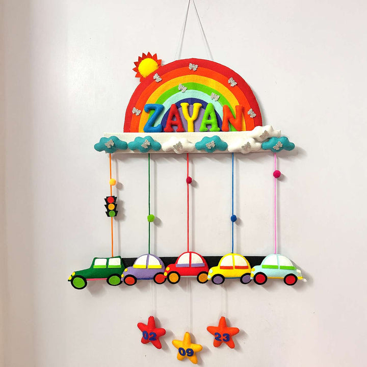 Personalized Handmade Rainbow & Cars Theme Felt Kids Name Plate With Date of Birth