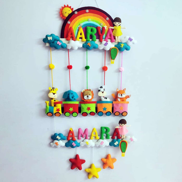 Personalized Handmade Animal Train Theme Felt Kids Name Plate For Siblings