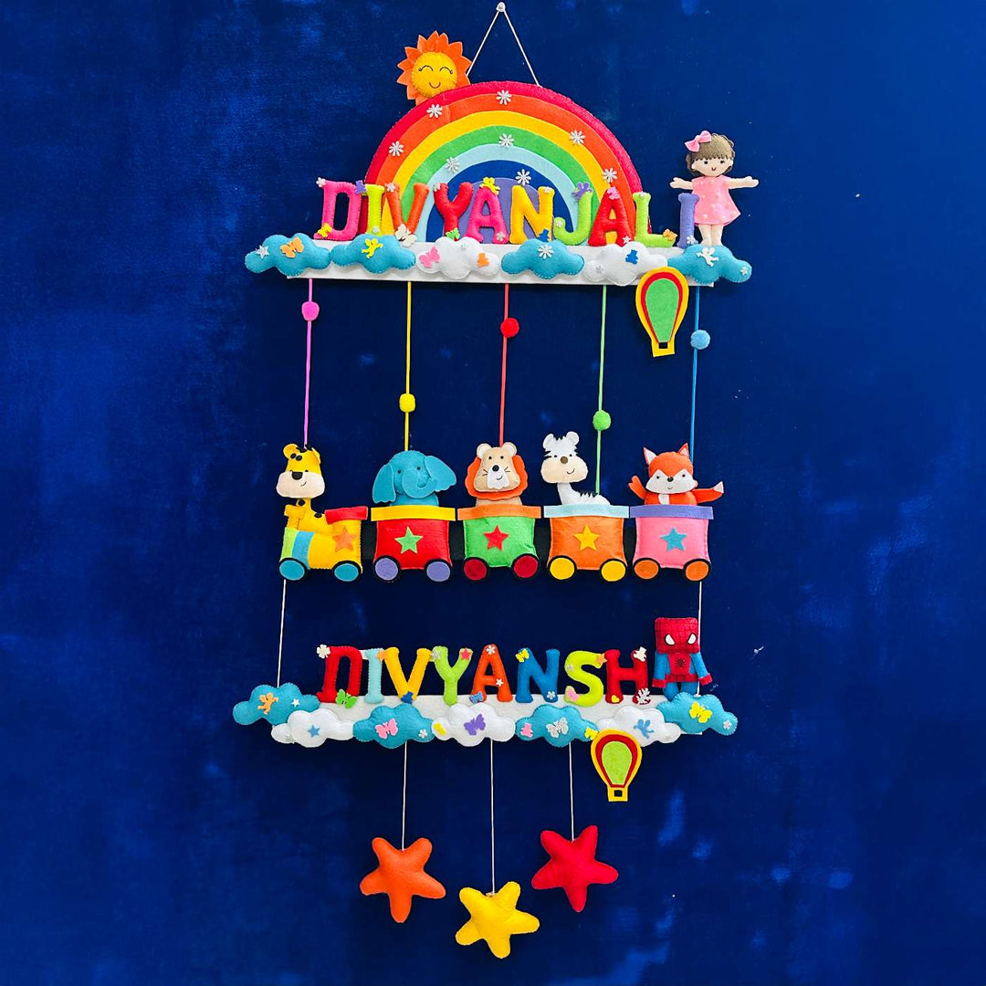 Personalized Handmade Animal Train Theme Felt Kids Name Plate For Siblings