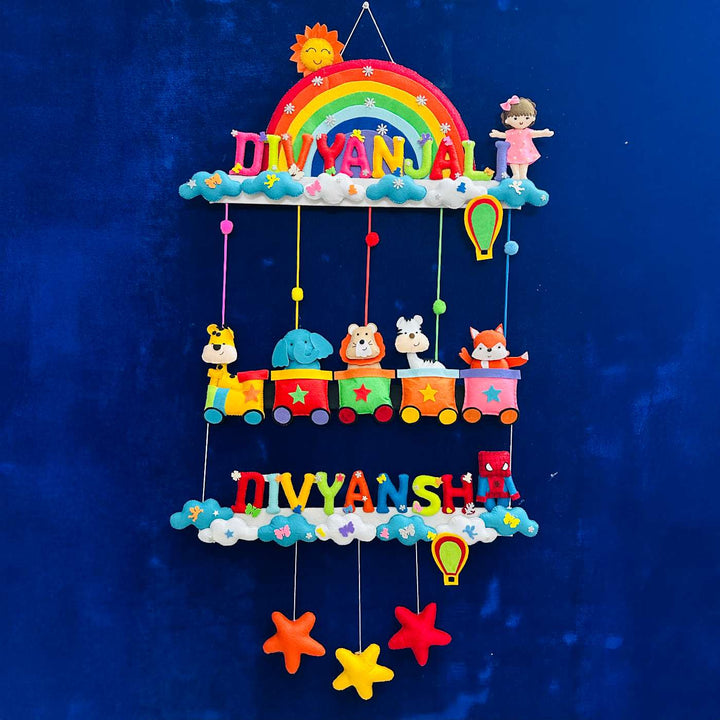 Personalized Handmade Animal Train Theme Felt Kids Name Plate For Siblings