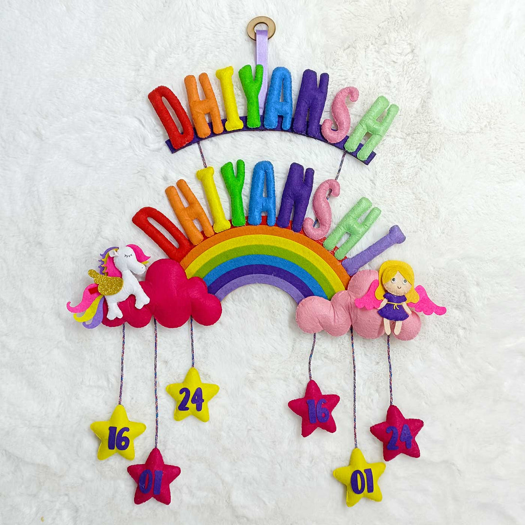 Handcrafted Personalized Rainbow Felt Name Plate for Kids with Date of Birth