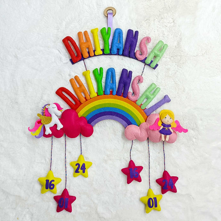 Handcrafted Personalized Rainbow Felt Name Plate for Kids with Date of Birth