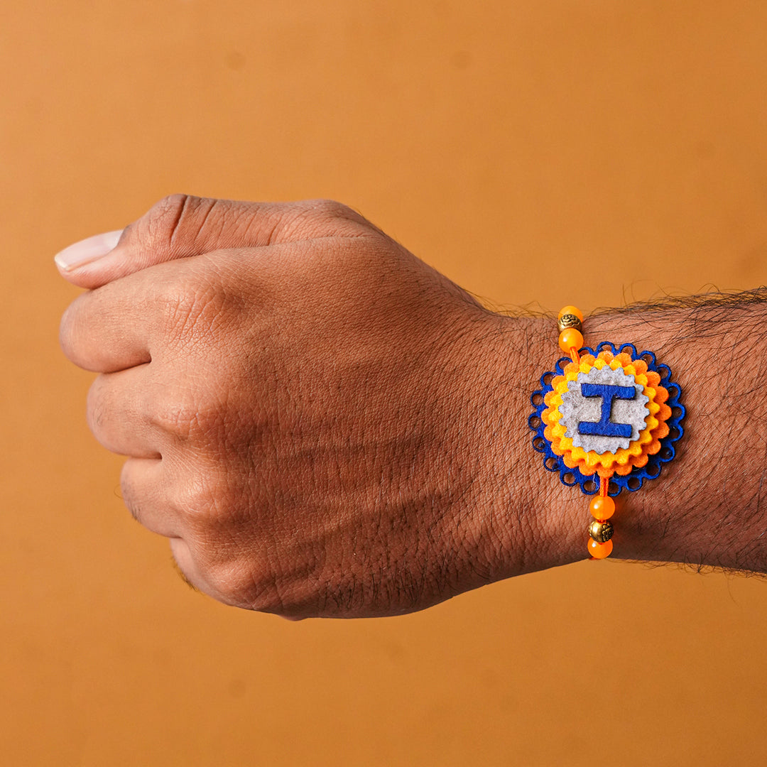 Personalized Handmade Initial Felt Rakhi With Roli Chawal