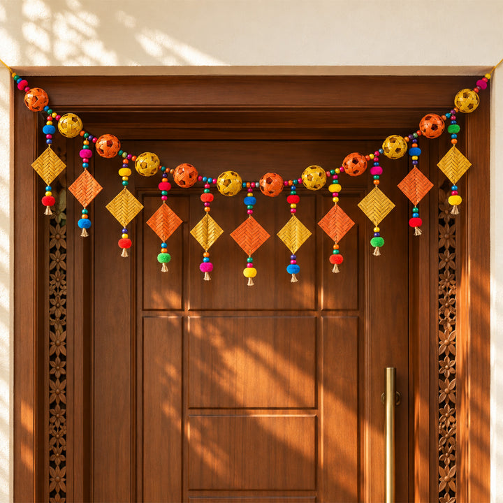 45 Inch | Handmade Woven Ball & Chatai Design Bamboo Toran With Wooden Beads & Pom Poms