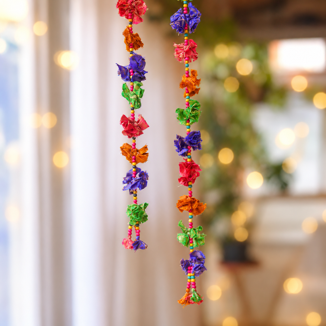 2 pc | Upcycled Multicolour Chindi Fabric Phool Door Hangings With Wooden Beads