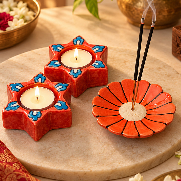 Handcrafted Ceramic Mitti & Phool Diwali Gift Hamper With Agarbatti Stand And 2 Star Tealight Holders