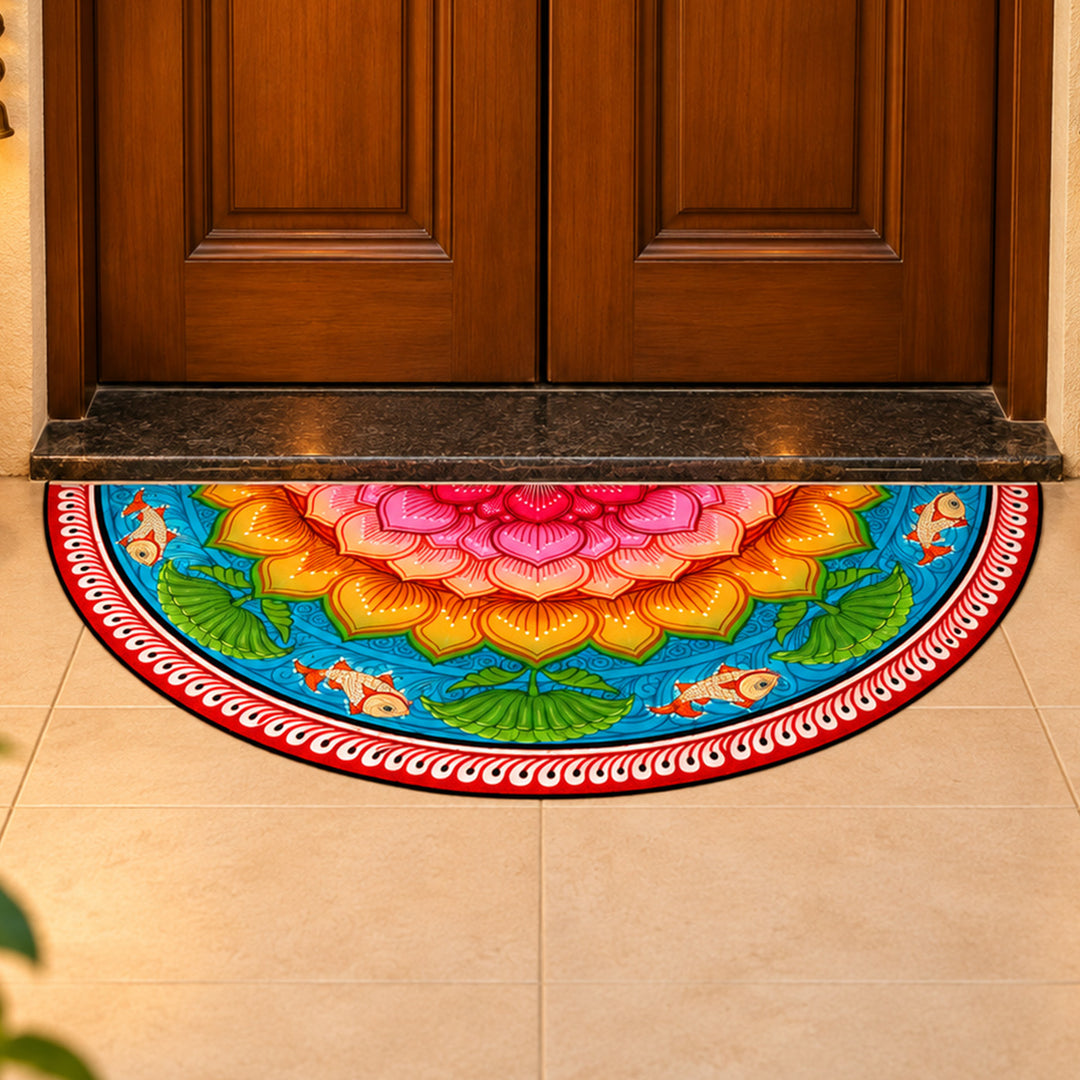 24 Inch | Reusable Handmade Kamalmandal Semicircle Fabric Rangoli Mat for Festive Entrance Decor