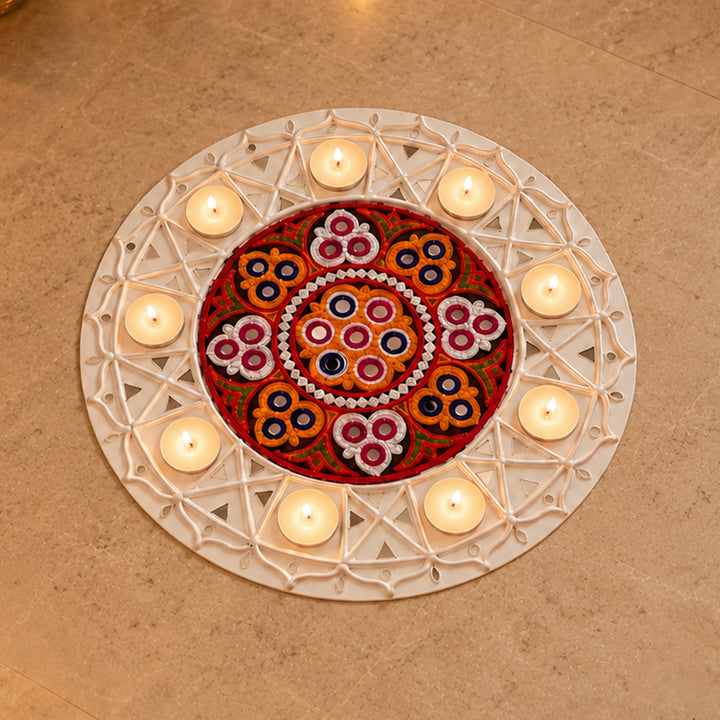 14 Inch | Lippan Art Round MDF Aagan Aari Rangoli With Tealight Holder And Kutch Embroidery Centre