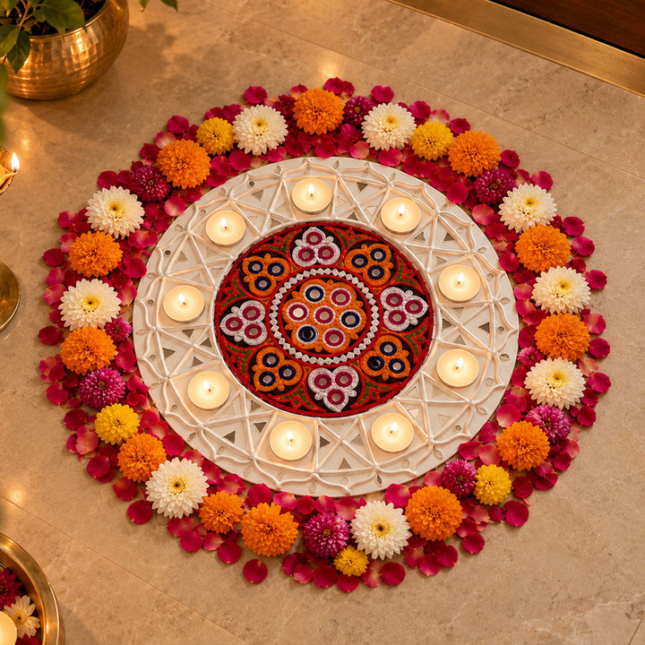 14 Inch | Lippan Art Round MDF Aagan Aari Rangoli With Tealight Holder And Kutch Embroidery Centre