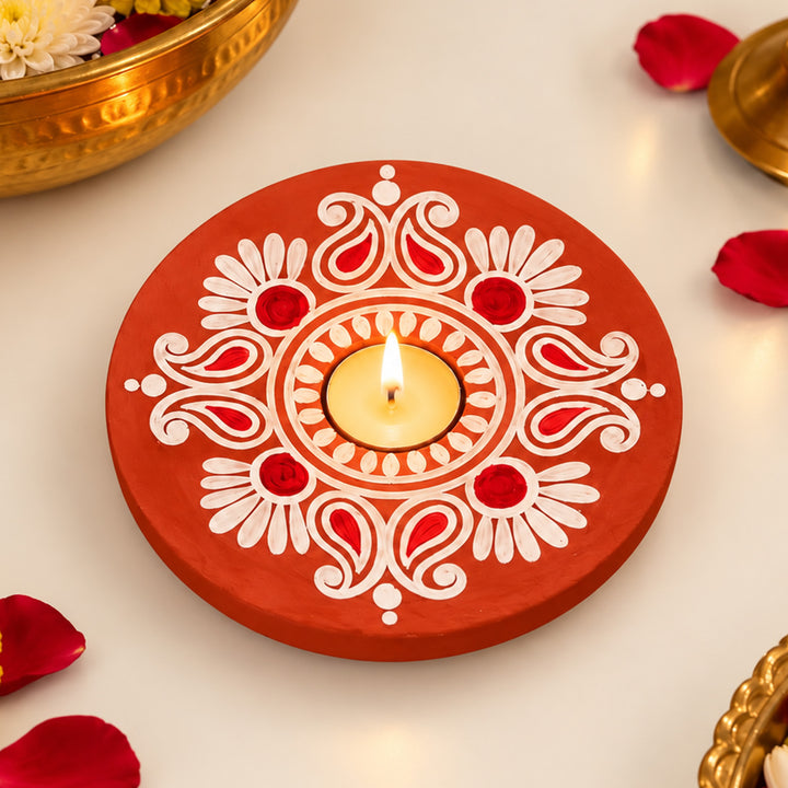 Handmade Madhobi Paisley Floral MDF Wood Round Tealight Holder For Festive Decor