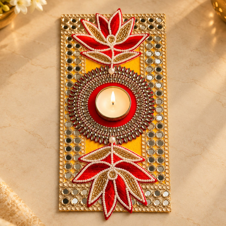 Hand Embellished Lotus Felt Table Mat With Tealight Holder For Festive Table Decor