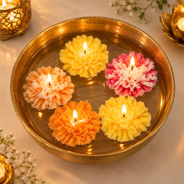 5 pc | Handmade Carnation Floating Soy Wax Candle For Festive Decor
