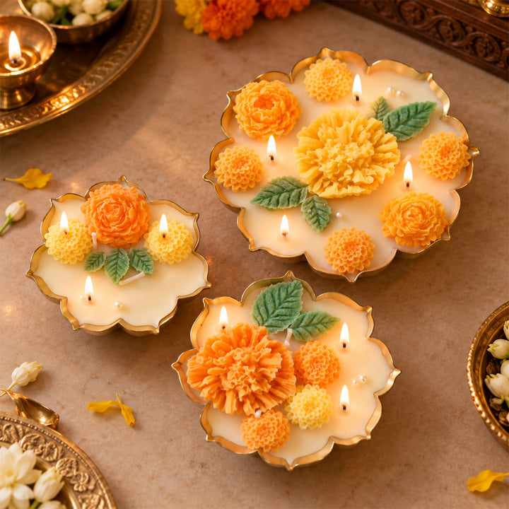 3 pc | Handmade Kamal Marigold Design Metal Urli Soy Wax Scented Candle For Festive Decor