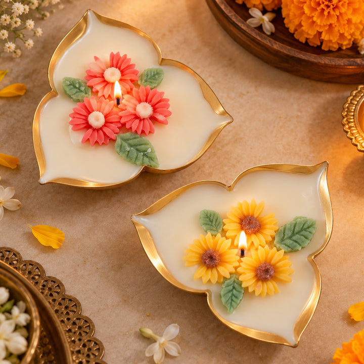 2 pc | Handmade Tri-Deep Mini Daisy & Sunflower Design Metal Urli Soy Wax Scented Candle For Festive Decor