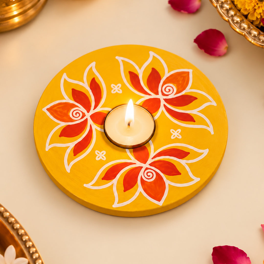 Handmade Mangalam Yellow Floral MDF Wood Round Tealight Holder For Festive Decor