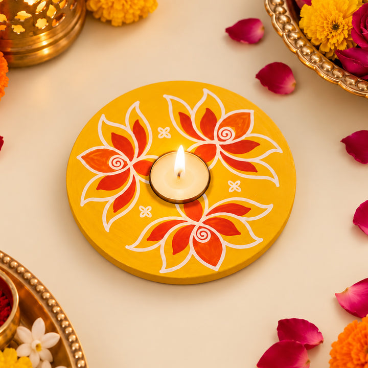 Handmade Mangalam Yellow Floral MDF Wood Round Tealight Holder For Festive Decor