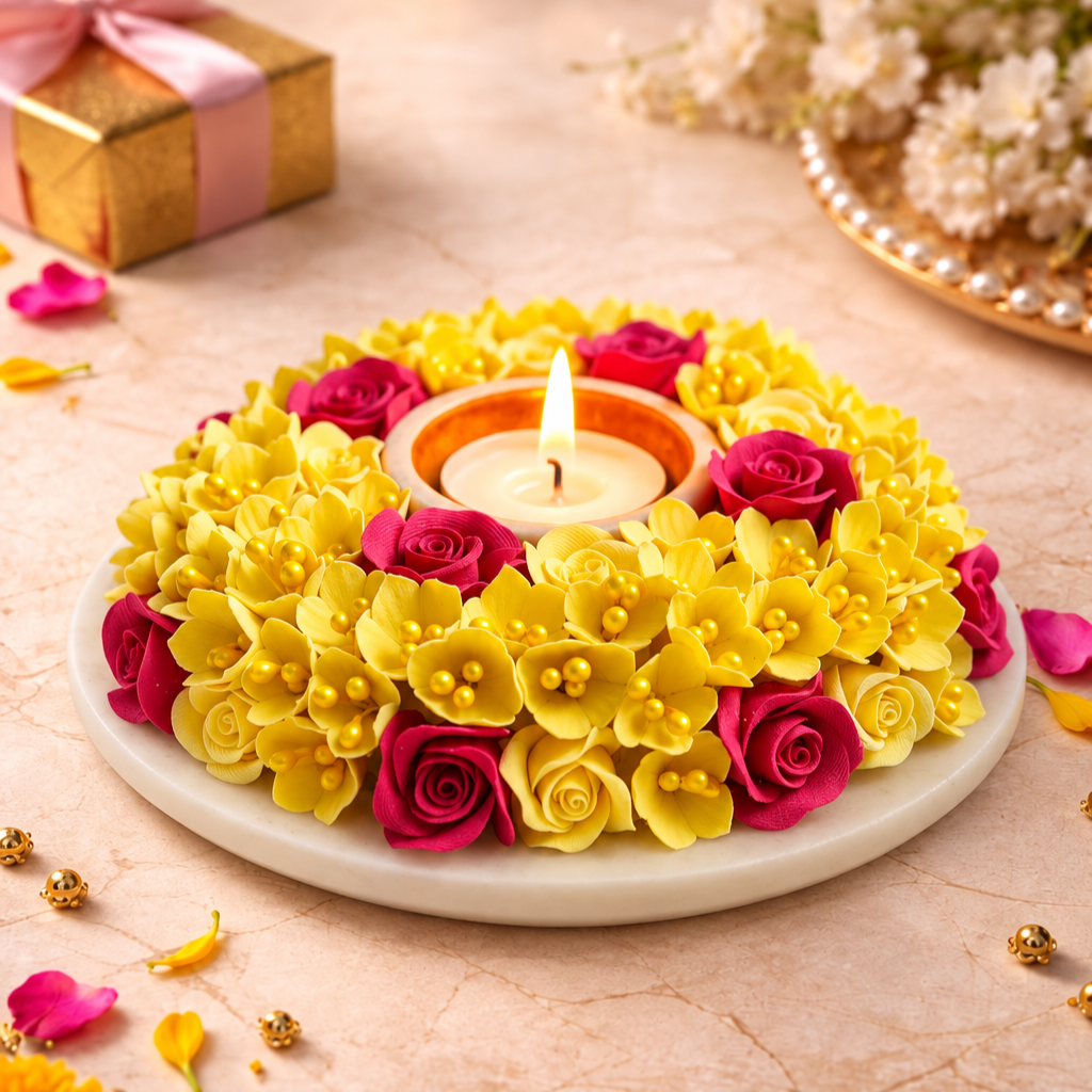 Handmade Red & Yellow Gloria Deco Clay & Marble Tealight Holder