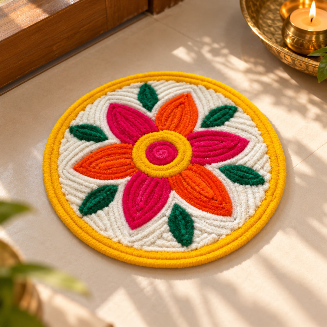 8 Inch | Handmade Reusable Pink & Orange Floral Pipe Cleaner & MDF Rangoli for Diwali Decor