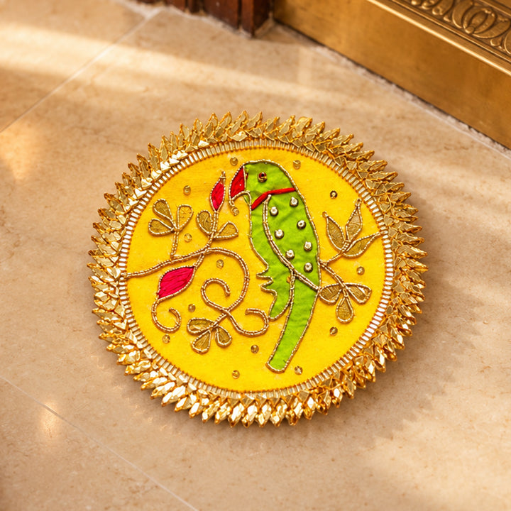 5.3 Inch | Handmade Mithu Gota Patti Yellow Parrot Rangoli for Festive Decor