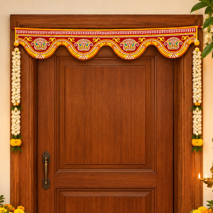 Handcrafted Chaitri Alpona-Inspired Fabric & Felt Door Toran with Metal Hoops
