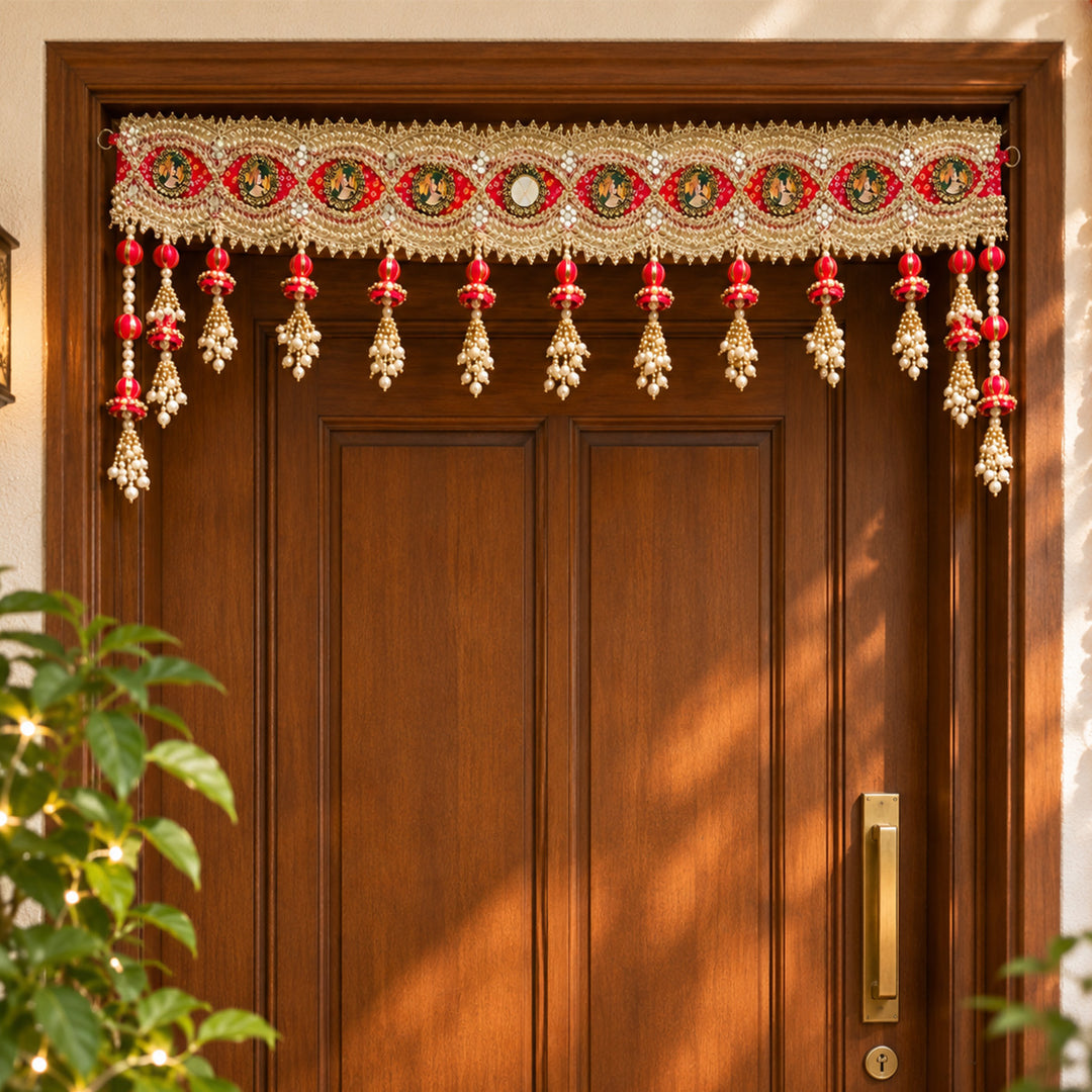 Handmade Bandhej & Tassel Toran With Gota Patti & Moti Detailing