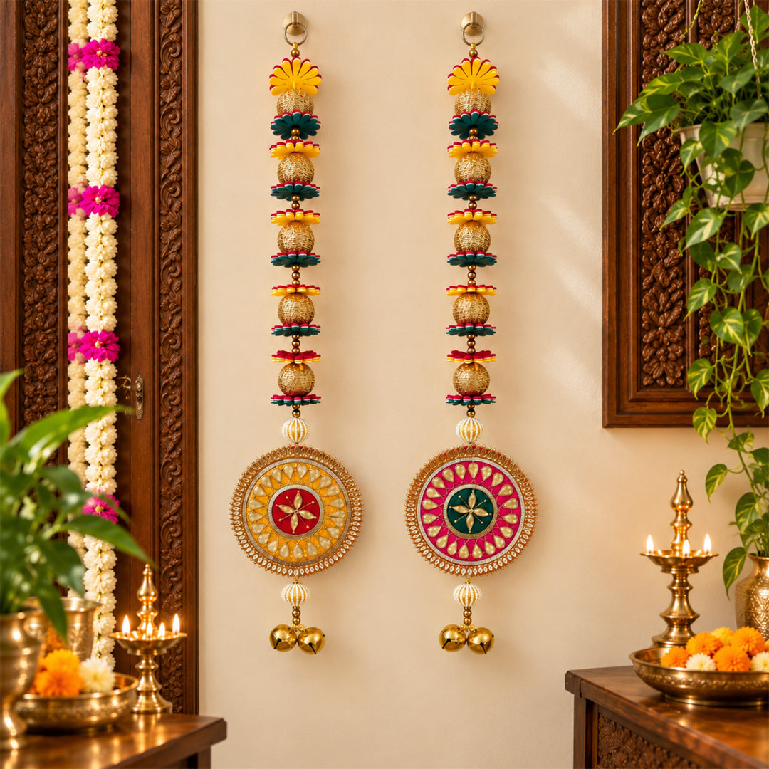 Handmade Colourful Reversible Round Gota Patti Flower Hanging With Zari & Pearl