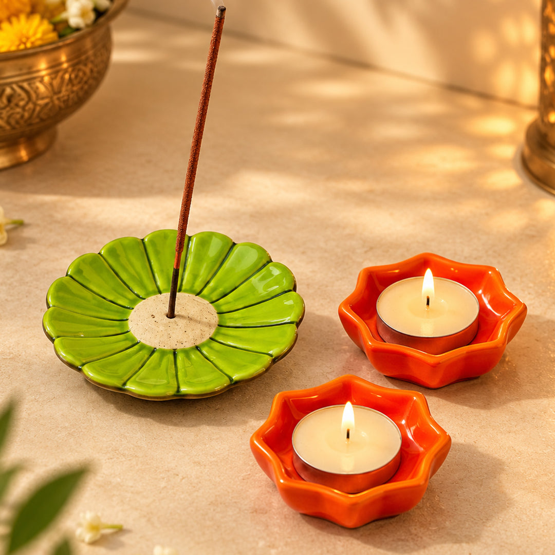 Handcrafted Ceramic Phool & Prakash Diwali Gift Hamper With Agarbatti Stand And 2 Star Diyas