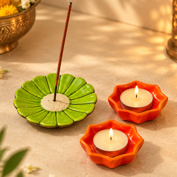 Handcrafted Ceramic Phool & Prakash Diwali Gift Hamper With Agarbatti Stand And 2 Star Diyas