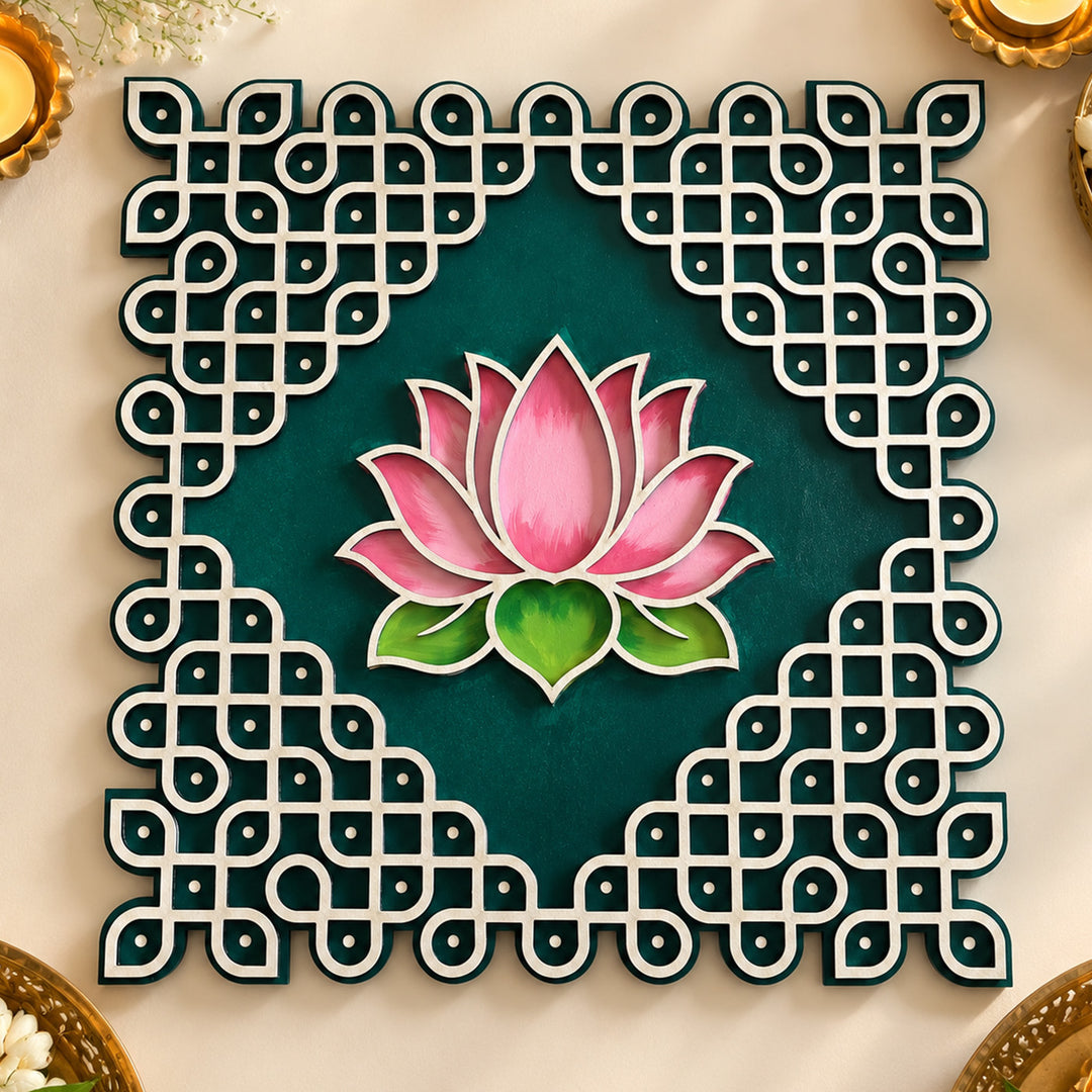 Hand-Painted Kolam With Lotus Mdf Rangoli For Festive Decor