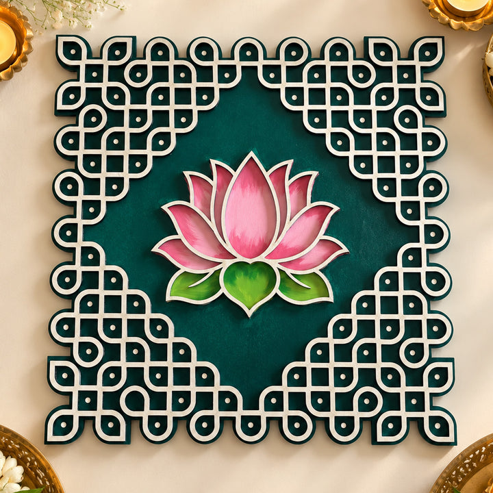 Hand-Painted Kolam With Lotus Mdf Rangoli For Festive Decor